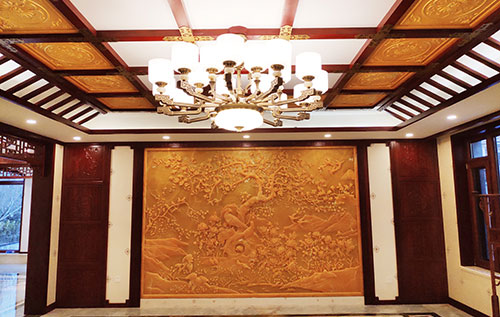 枣阳中式别墅客厅中式木作横梁吊顶装饰展示