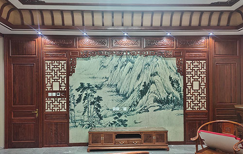 枣阳中式仿古别墅客厅背景墙花格木作装饰